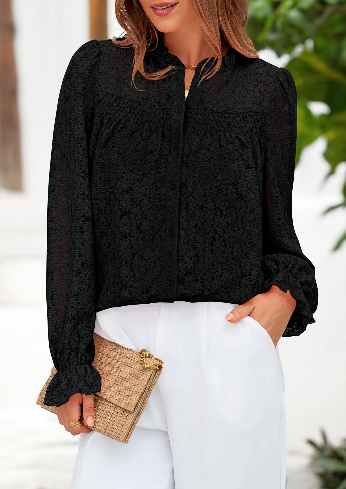 Eyelet Long Sleeve Casual Hollow Out Button Up Lace Blouse
