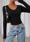 PRETTYGARDEN Womens Long Sleeve T Shirts Fall Trendy Deep V Neck Slim Fit Basic Crop Tops Casual Going Out Top