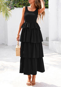 Sleeveless Scoop Neck Smocked A Line Tiered Beach Midi Dress