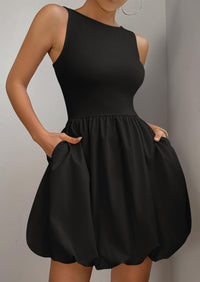 Casual Sleeveless Tank Mini Short Dress Crew Neck Bubble Dress with Pockets