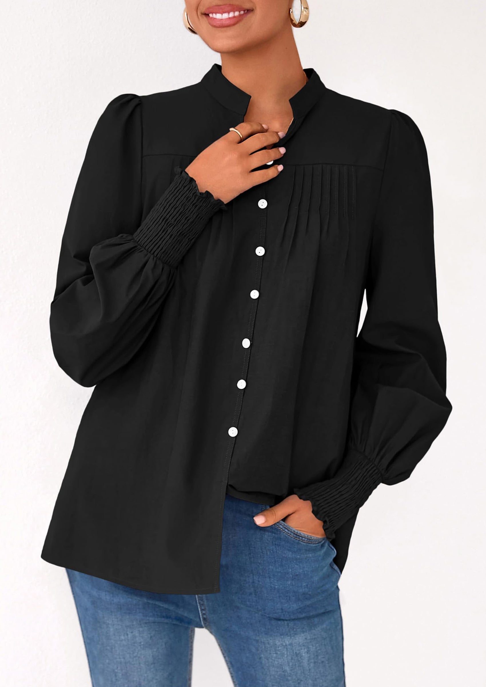 PRETTYGARDEN Womens Fall Lantern Long Sleeve Shirts Trendy Button V Neck Pleated Henley Tops Loose Work Blouses