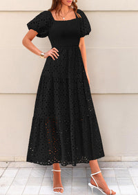 Eyelet Square Neck Puff Sleeve Smocked Maxi Dress with Pockets