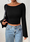 PRETTYGARDEN Women's Long Sleeve Shirts Fall Going Out Tops Casual Boat Neck Bell Sleeve Ribbed Ruched Y2K Clothes