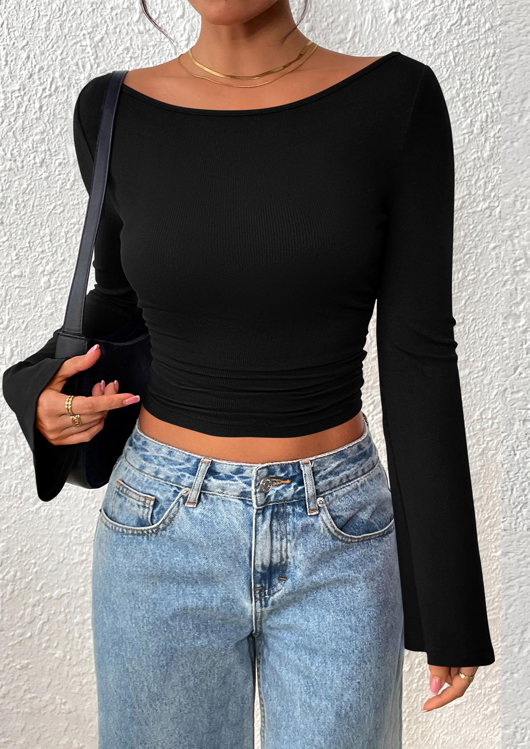 PRETTYGARDEN Women's Long Sleeve Shirts Fall Going Out Tops Casual Boat Neck Bell Sleeve Ribbed Ruched Y2K Clothes