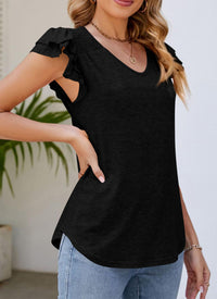Casual Ruffle Short Sleeve V Neck T-shirts