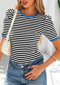 Puff Sleeve Casual Ribbed Knit Color Block Striped Pullover T-shirts