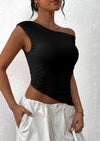 PRETTYGARDEN Womens Off The Shoulder Tops Summer Sleeveless One Shoulder Ruched Asymmetrical Y2K Going Out Crop Tank Top