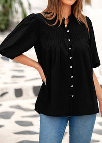 Lantern Sleeve Loose Fit Button Down Casual Pleated V Neck Blouses