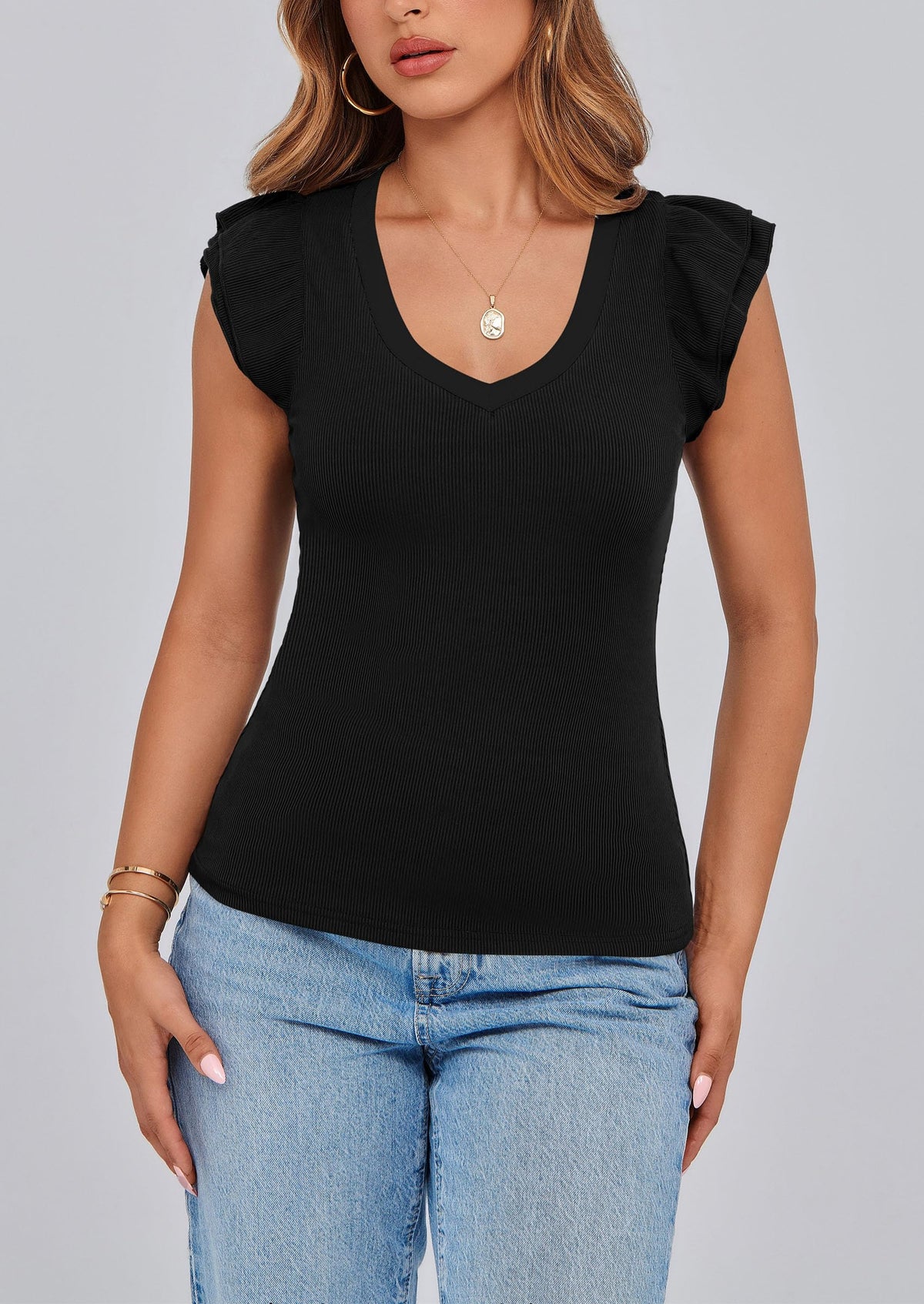 V Neck Ruffle Sleeveless Slim Fit Casual T-shirts