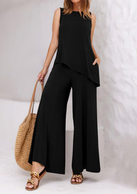 Asymmetrical Split Tank Tops Wide Leg Pants  Two Piece Sets