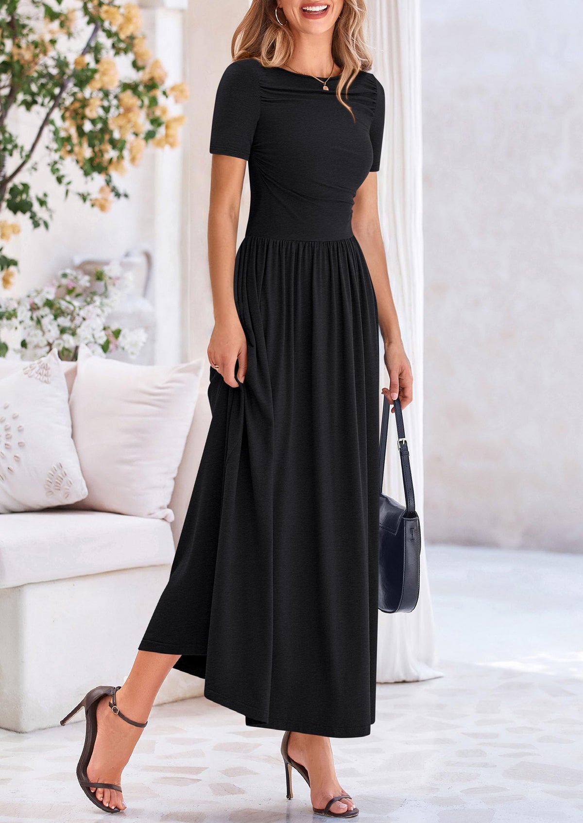 Casual Short Sleeve Ruched Patchwork A Line Pleated Swing Maxi Dresses with Pockets