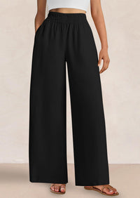 Casual Elastic Waist Loose Flowy Palazzo Pants Trousers with Pockets
