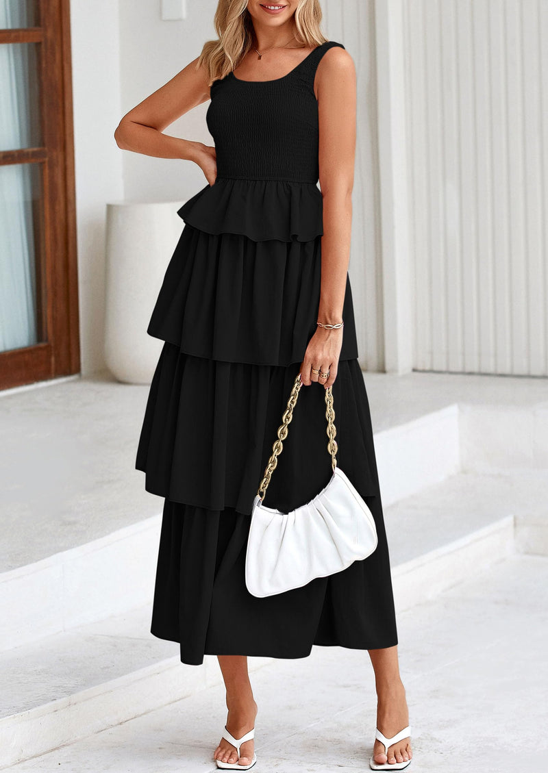 PRETTYGARDEN Womens Summer Sleeveless Midi Dress Scoop Neck A Line Smocked Ruffle Tiered Layered Beach Vacation Dresses