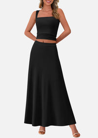 Crop Tank Top Flowy Midi Skirts Ribbed Knit Casual Two Piece Skirt Set