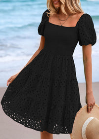PRETTYGARDEN Womens Summer Puff Sleeve Mini Dress Off Shoulder Eyelet Smocked A Line Casual Babydoll Short Dresses