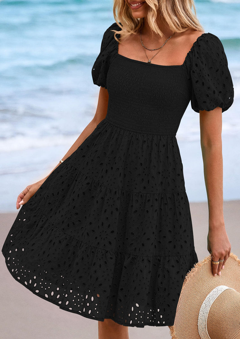 PRETTYGARDEN Womens Summer Puff Sleeve Mini Dress Off Shoulder Eyelet Smocked A Line Casual Babydoll Short Dresses