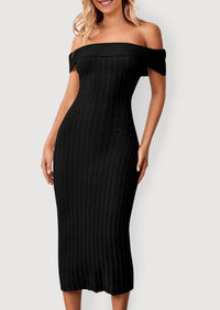 Off The Shoulder Elegant Ribbed Knit Bodycon Wedding Guest Sweater Midi Dresses