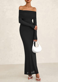 Off The Shoulder Bodycon Long Sleeve Mesh Maxi Dress