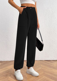 Elastic High Waisted Work Office Corduroy Casual Pants with Pockets