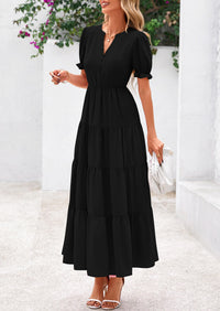 Casual Short Sleeve V Neck Tiered Flowy Beach Vacation Maxi Dress with Pockets