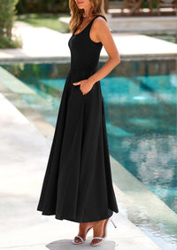 Casual Scoop Neck Sleeveless Patchwork A-line Swing Maxi Dresses with Pockets