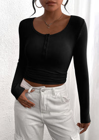 Long Sleeve Henley Button Down Ribbed Knit Slim Fit Blouse