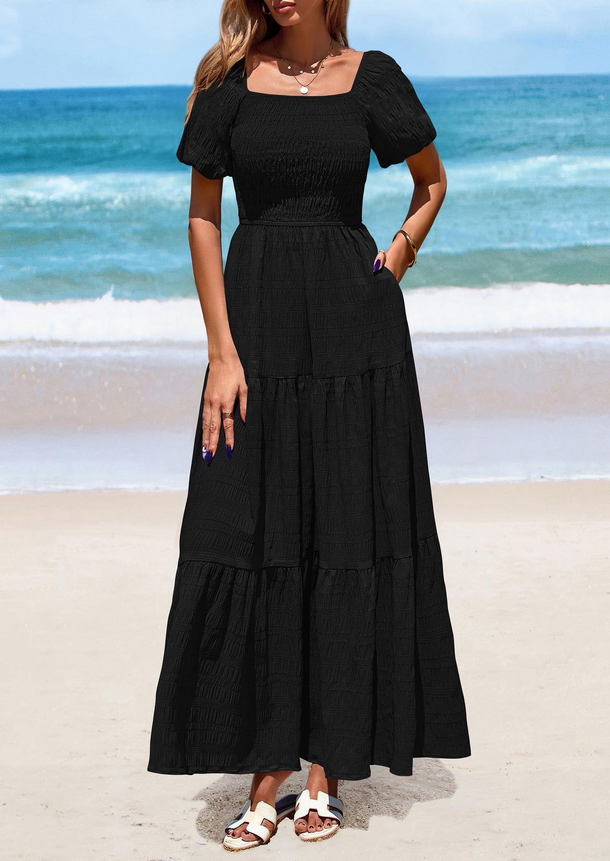 Puff Short Sleeve Square Neck Smocked Tiered Ruffle A Line Flowy Beach Maxi Dresses