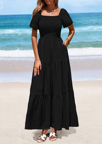 Puff Short Sleeve Square Neck Smocked Tiered Ruffle A Line Flowy Beach Maxi Dresses