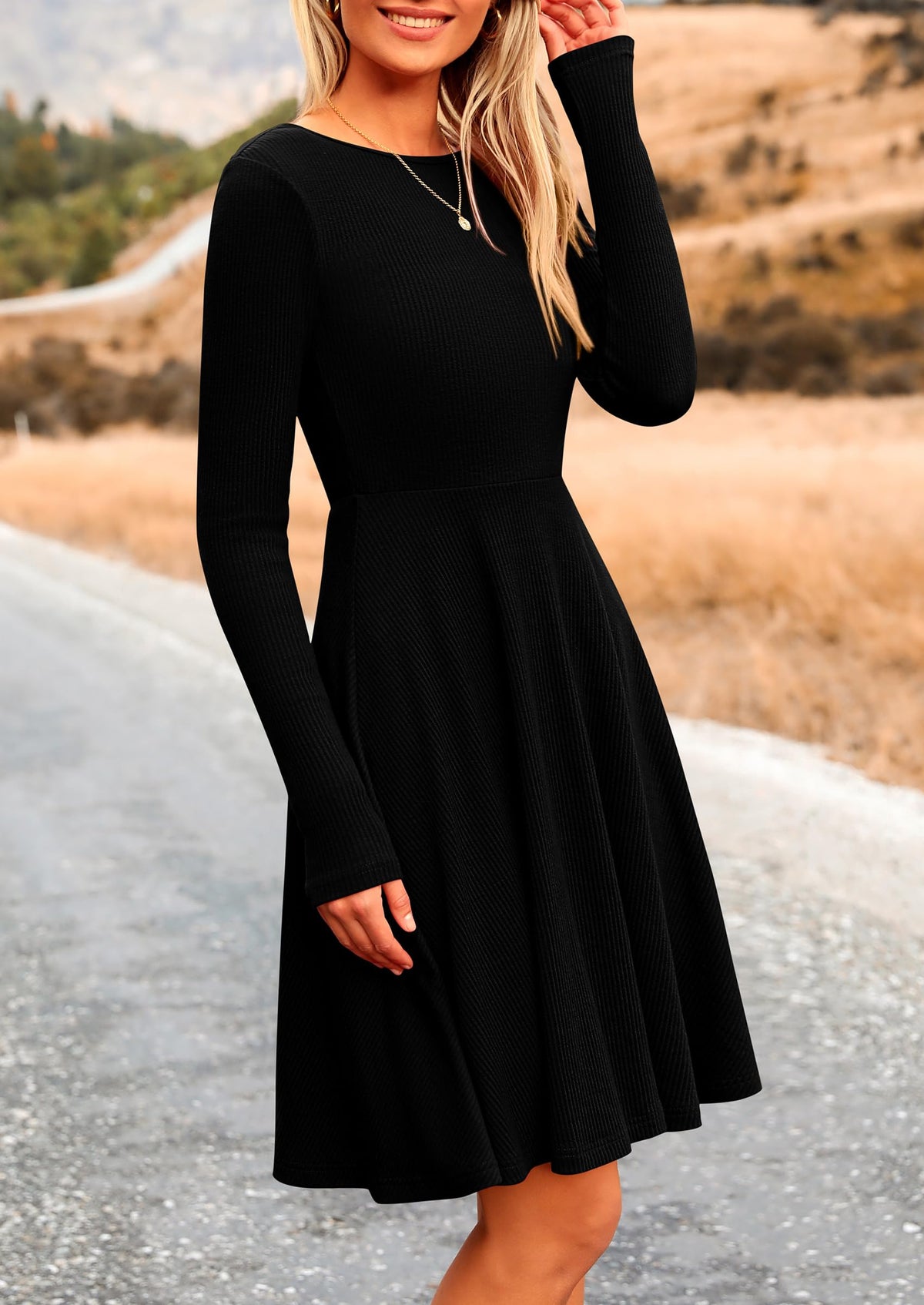 Ribbed Knit Crew Neck Long Sleeve A-Line Flowy Casual Elegant Mini Dresses