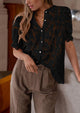 Lace Puff Sleeve Casual Dressy Eyelet Crew Neck Button Down Blouses