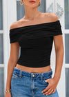 PRETTYGARDEN Summer Tops for Women Off Shoulder Short Sleeve Ruched Slim Fit Shirts Blouses Y2K Going Out Top