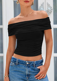 Off The Shoulder Short Sleeve Ruched Slim Fit Y2K Going Out Blouses
