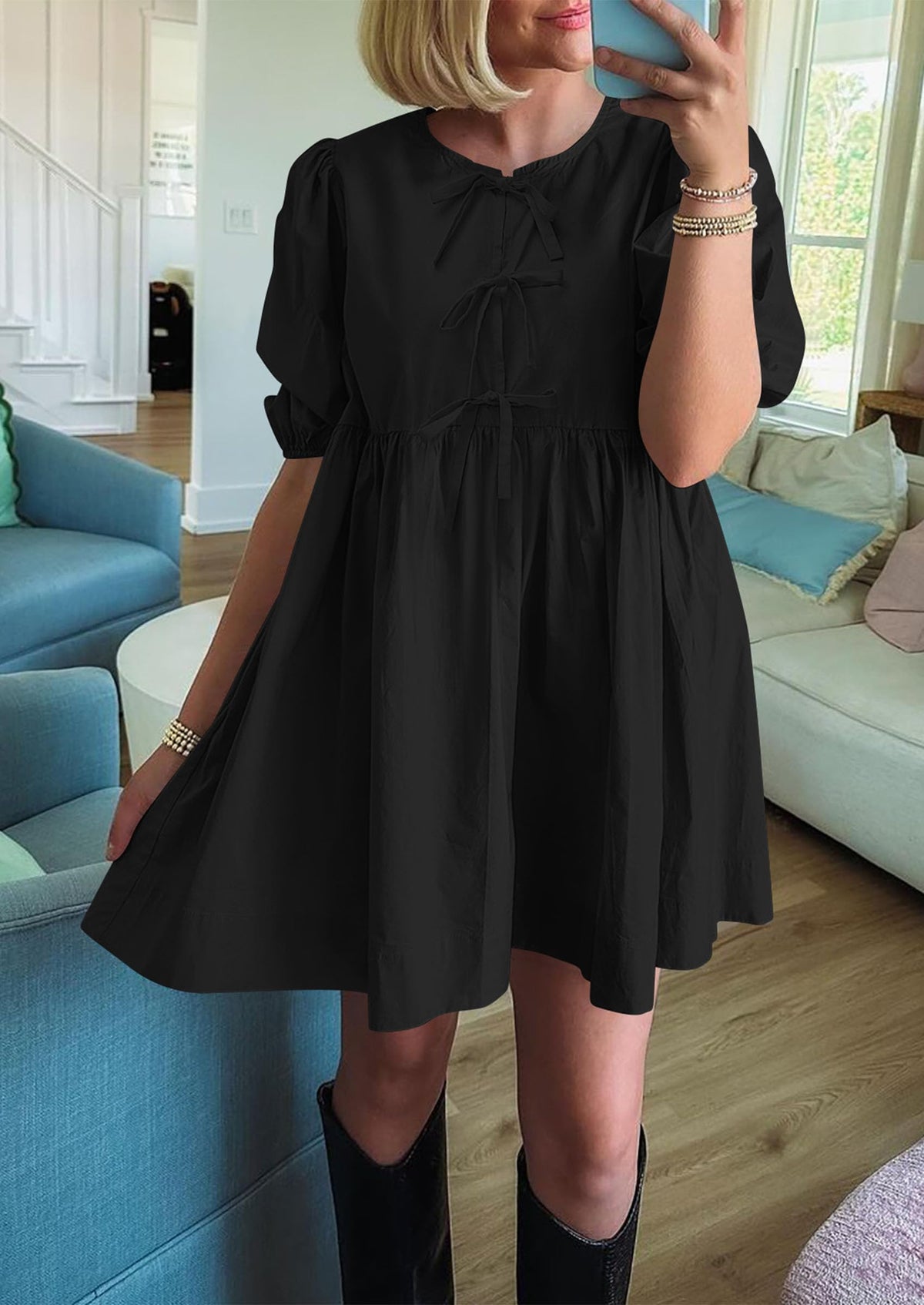 Casual Short Sleeve A Line Bow Tie Front Babydoll Loose Mini Dresses with Pockets