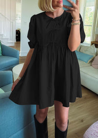 Casual Short Sleeve A Line Bow Tie Front Babydoll Loose Mini Dresses with Pockets