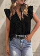 Casual Ruffle Cap Sleeve Button V Neck Embroidered Eyelet Blouses