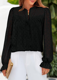 Eyelet Long Sleeve Casual Hollow Out Button Up Lace Blouse