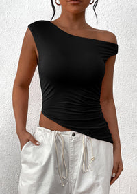 Off The Shoulder Sleeveless One Shoulder Ruched Asymmetrical Y2K Tank Top
