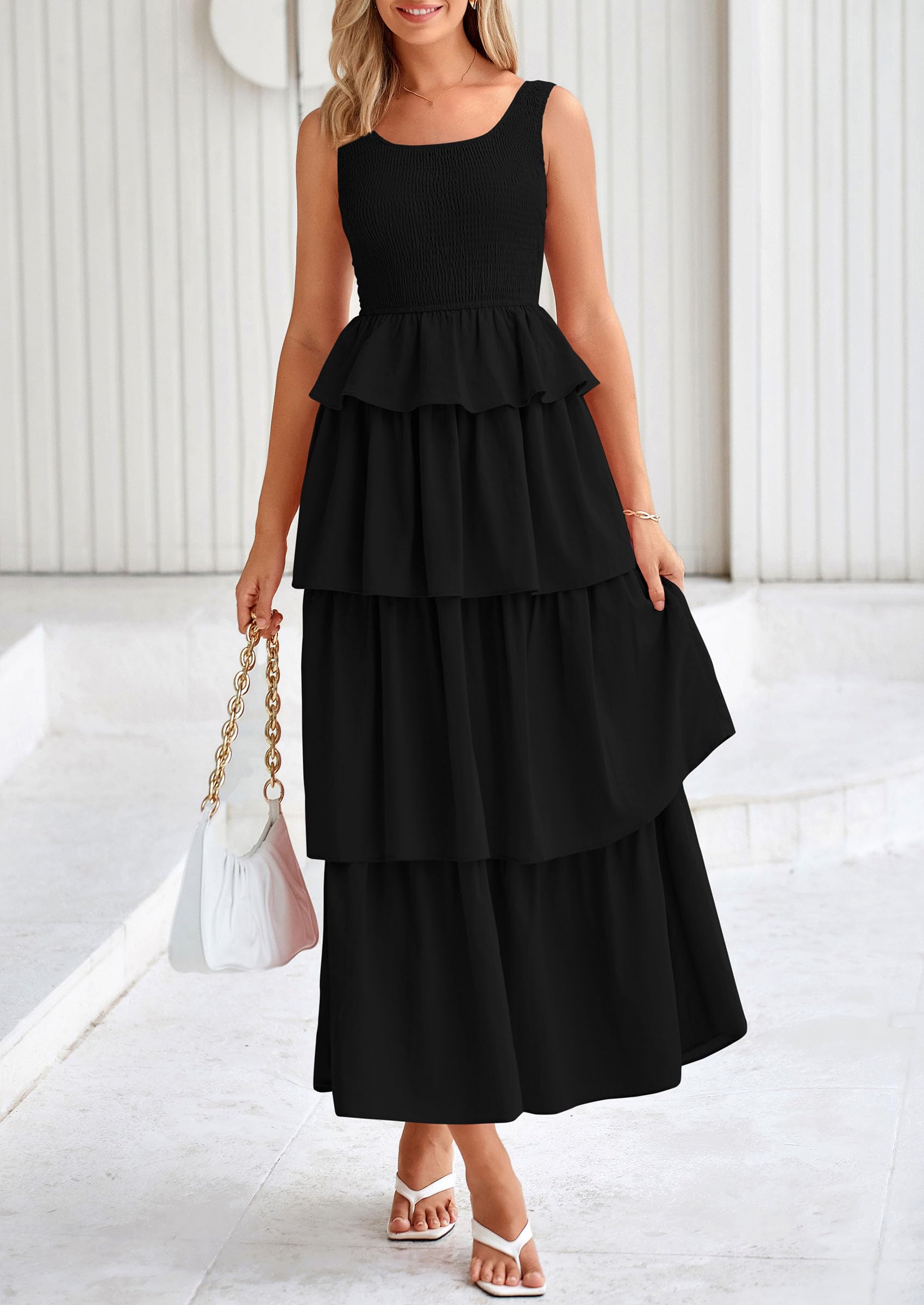 PRETTYGARDEN Womens Summer Sleeveless Midi Dress Scoop Neck A Line Smocked Ruffle Tiered Layered Beach Vacation Dresses
