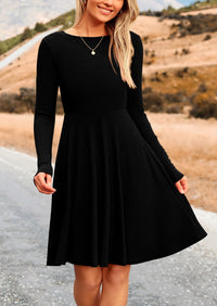 Ribbed Knit Crew Neck Long Sleeve A-Line Flowy Casual Elegant Mini Dresses