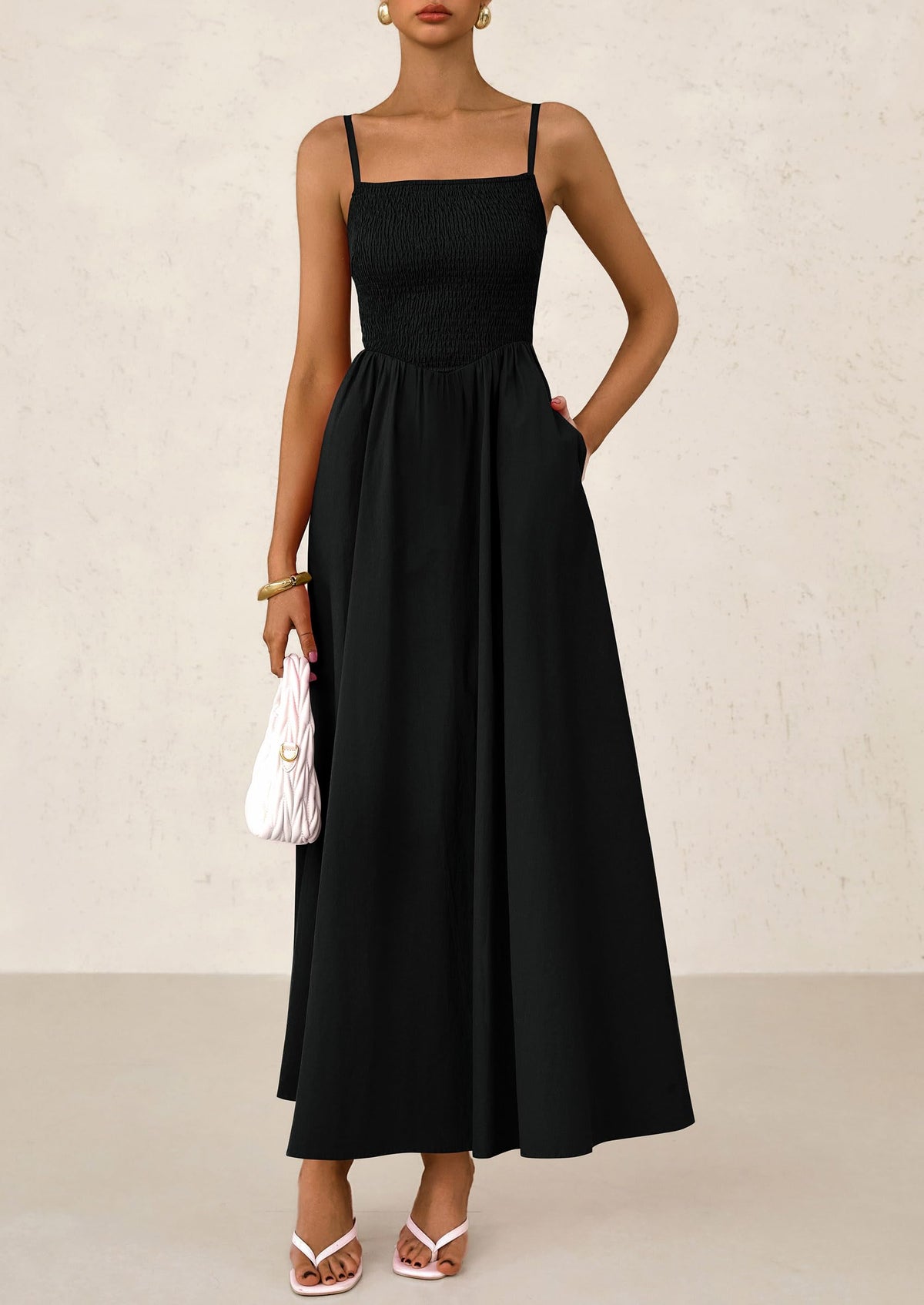 Smocked Beach Casual Spaghetti Strap Swing A Line Flowy Maxi Dresses