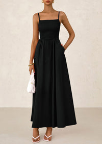 Smocked Beach Casual Spaghetti Strap Swing A Line Flowy Maxi Dresses