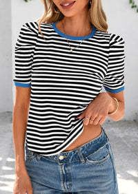 Puff Sleeve Casual Ribbed Knit Color Block Striped Pullover T-shirts