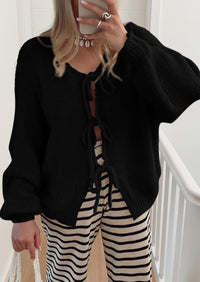 PRETTYGARDEN Women's Tie Front Bow Cardigan Sweaters Chunky Knit Long Puff Sleeve Trendy Fall Winter Jacket Coats