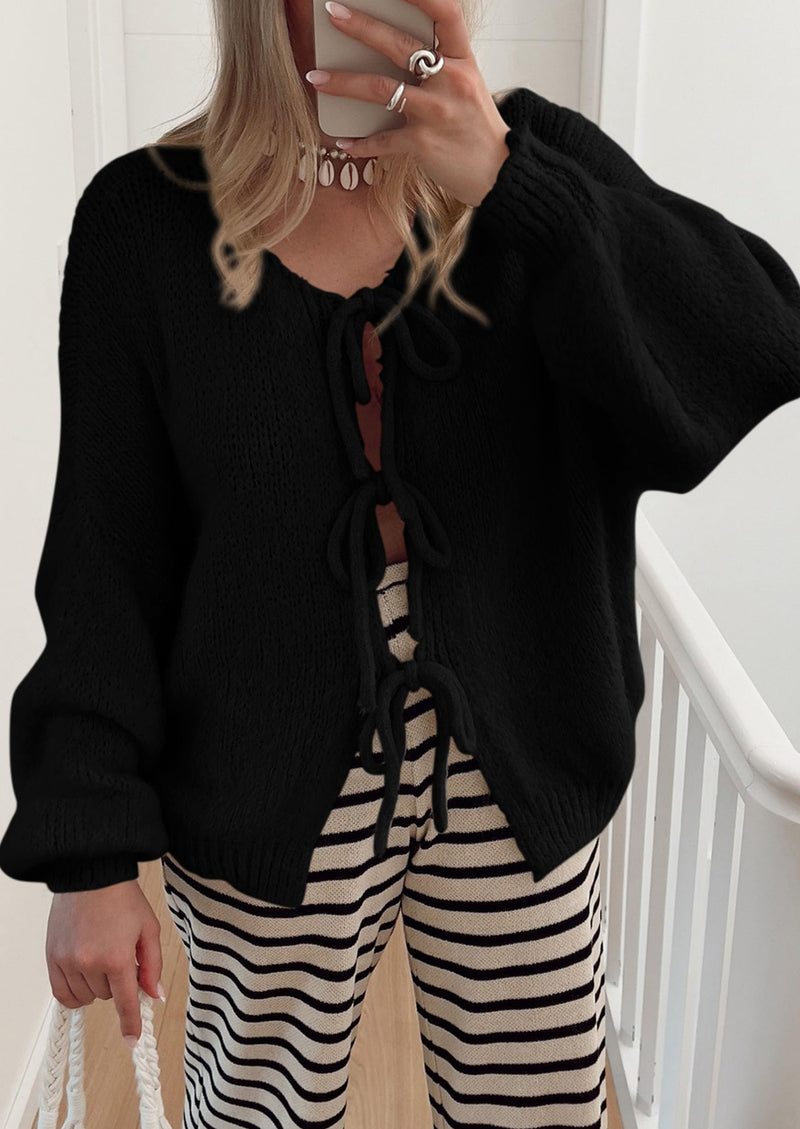 PRETTYGARDEN Women's Tie Front Bow Cardigan Sweaters Chunky Knit Long Puff Sleeve Trendy Fall Winter Jacket Coats