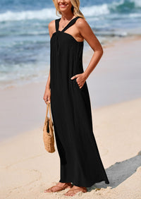 Casual Sleeveless Strappy Loose Flowy Beach Maxi Dress with Pockets