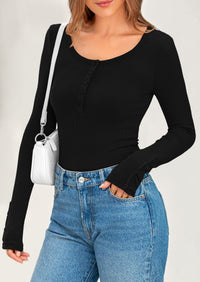 Long Sleeve Henley Ribbed Knit Button Up Slim Fitted Basic Casual T-shirts