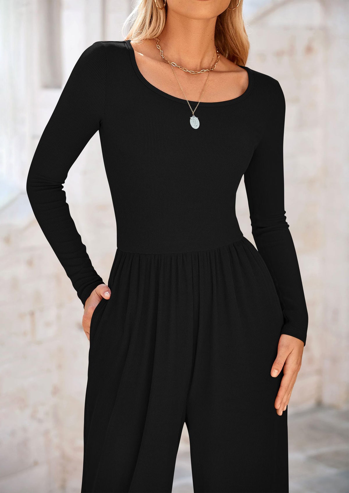 Solid Color Casual Long Sleeve Wide Leg Pants Jumpsuits