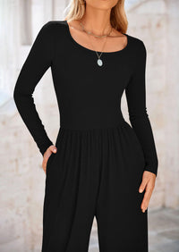 Solid Color Casual Long Sleeve Wide Leg Pants Jumpsuits