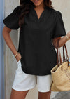 PRETTYGARDEN Womens Casual Summer Tops V Neck Short Puff Sleeve Pleated Cotton T Shirts Loose Dressy Blouses