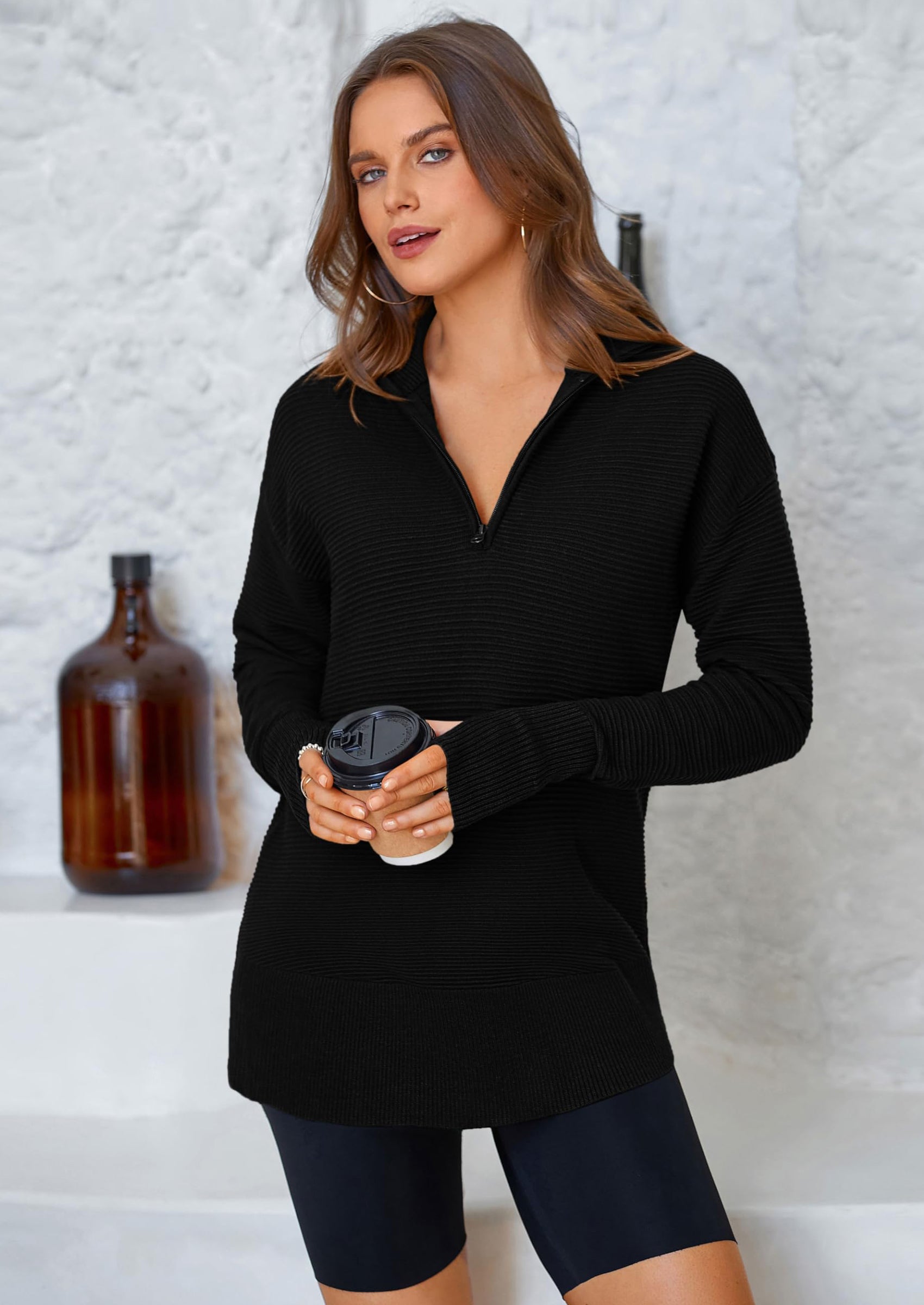 PRETTYGARDEN Womens Long Sleeve Quarter Zip Pullover Sweater Casual Loose V Neck Collared Ribbed Knit Jumper Tops Thumb Hole